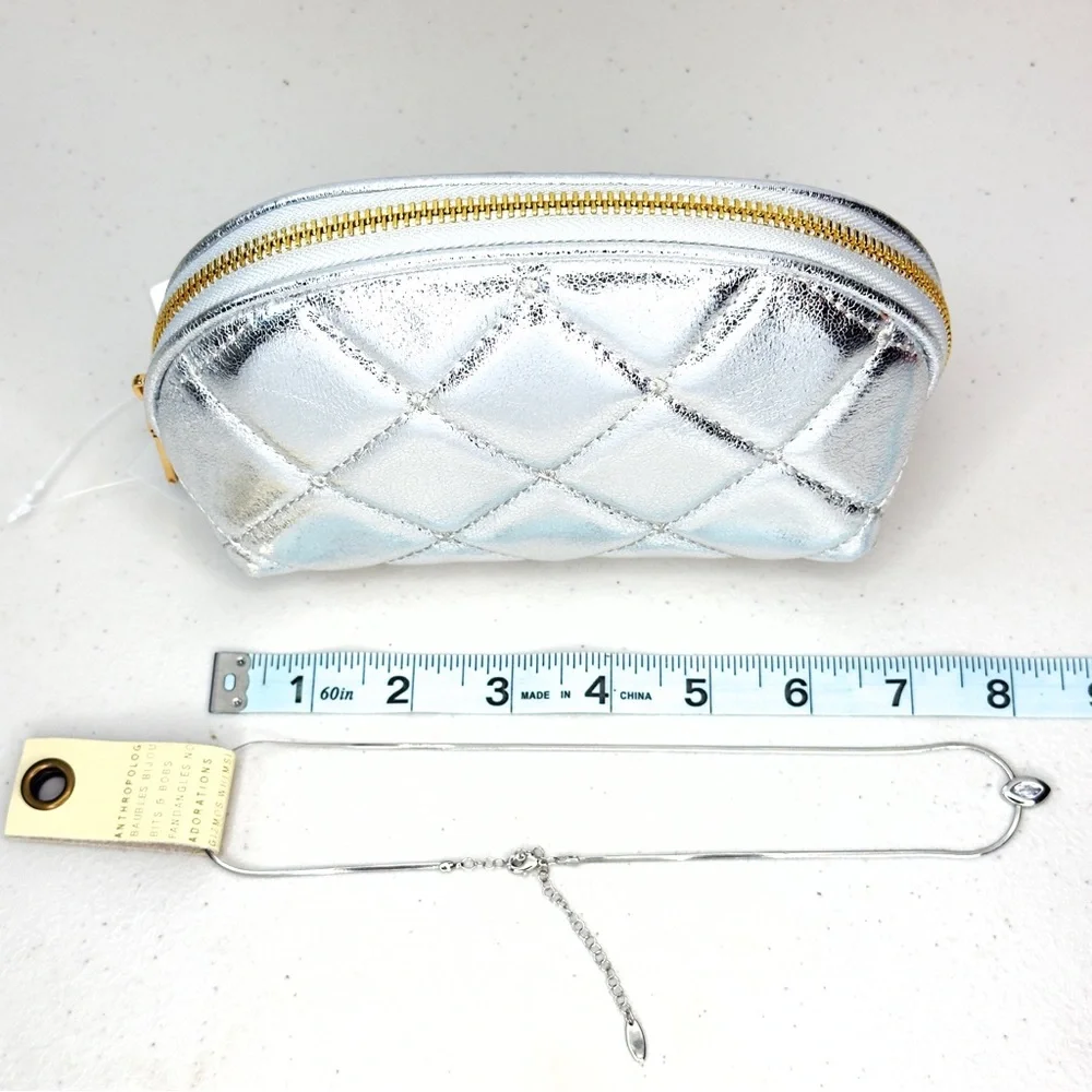 Anthropologie Silver Quilted Cosmetic Bag & Rhodium Necklace Set NWT - Picture 6 of 8